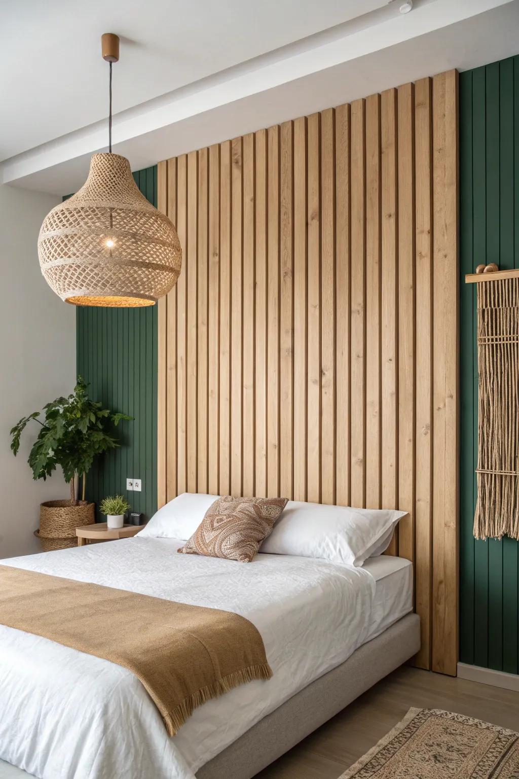 A space-saving wood slat headboard wall for a calm, boutique-hotel bedroom vibe.
