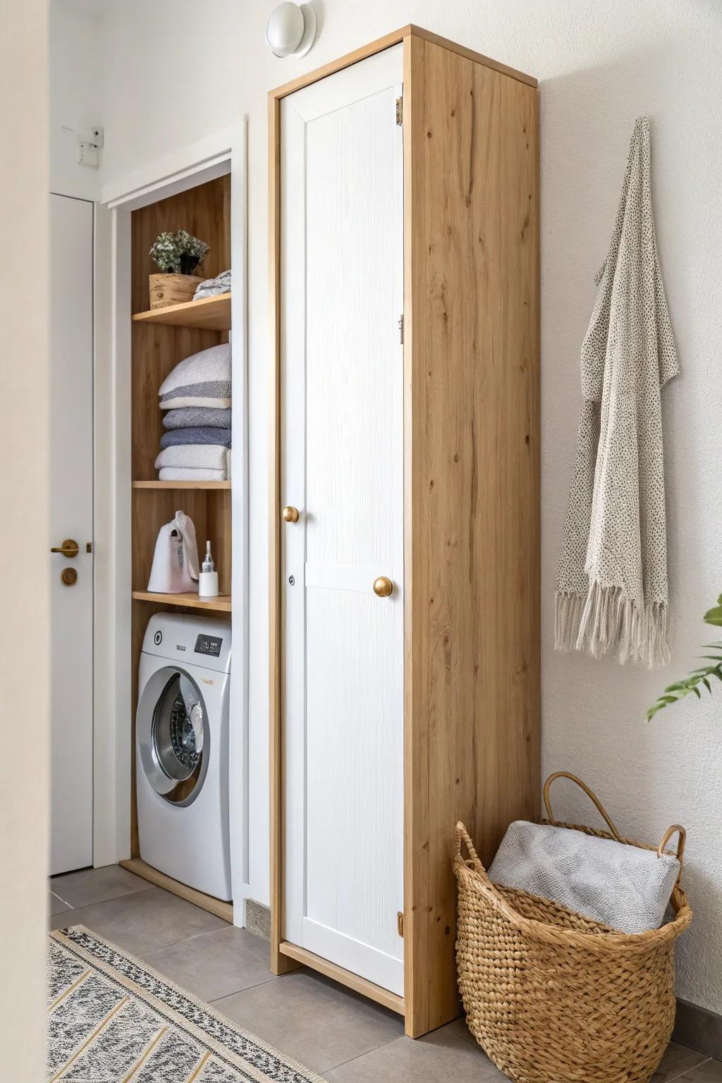 A slim behind-the-door cabinet hides your ironing board—clean, calm, and beautifully minimal.