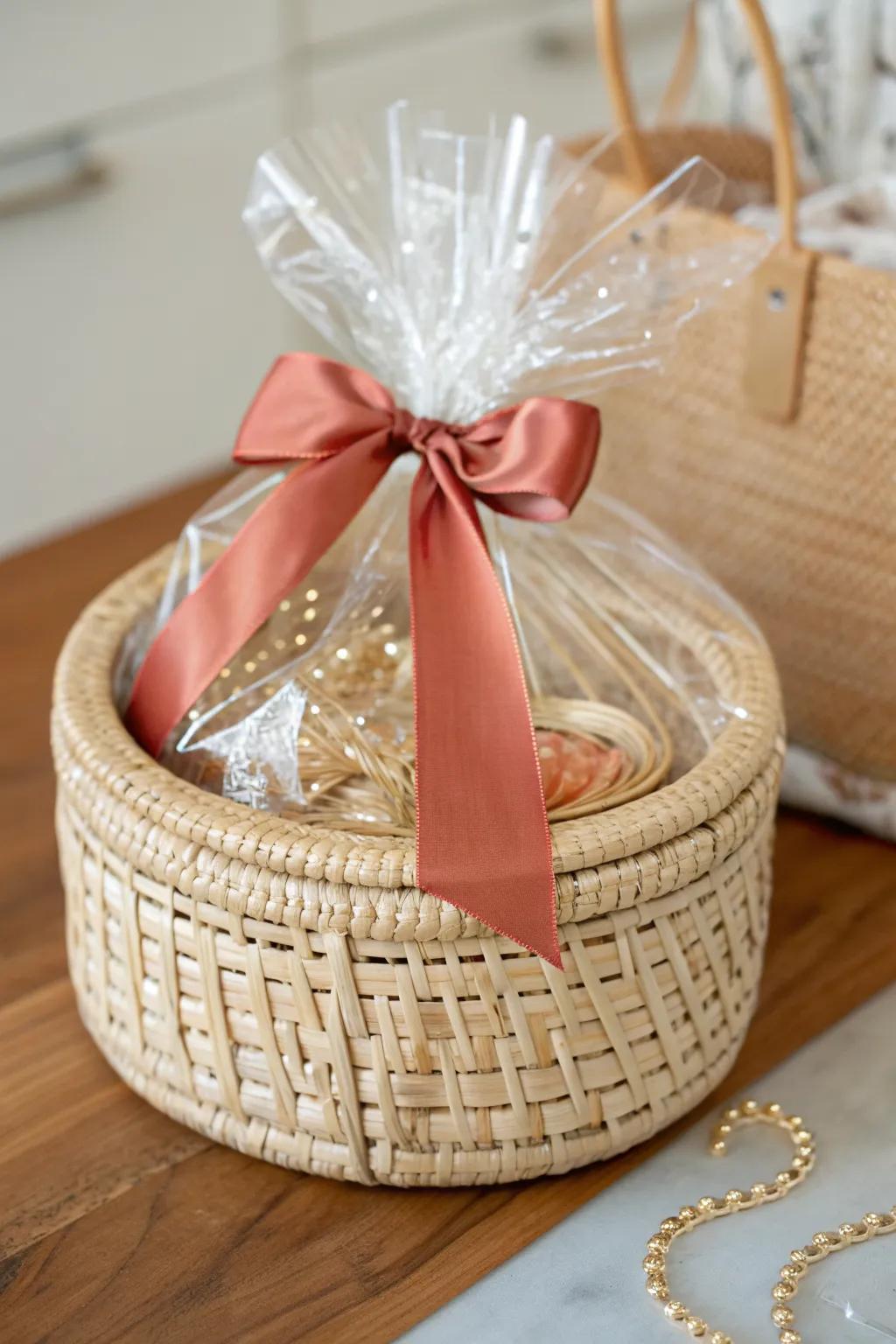 Gift-ready jewelry basket: clear wrap + oversized bow keeps everything tidy and stunning.