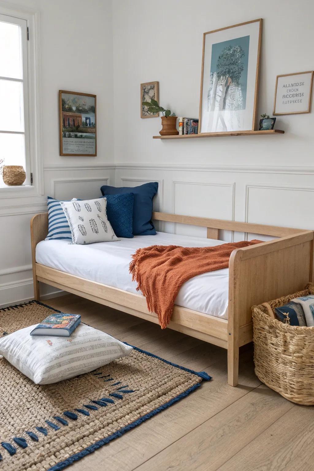 Daybed wall setup: one footprint, bed plus couch—perfect for a cozy kids hangout corner.