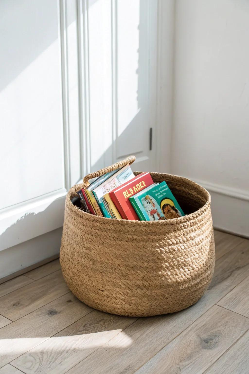 A big woven floor basket keeps picture books tidy—and easy for little hands to grab.