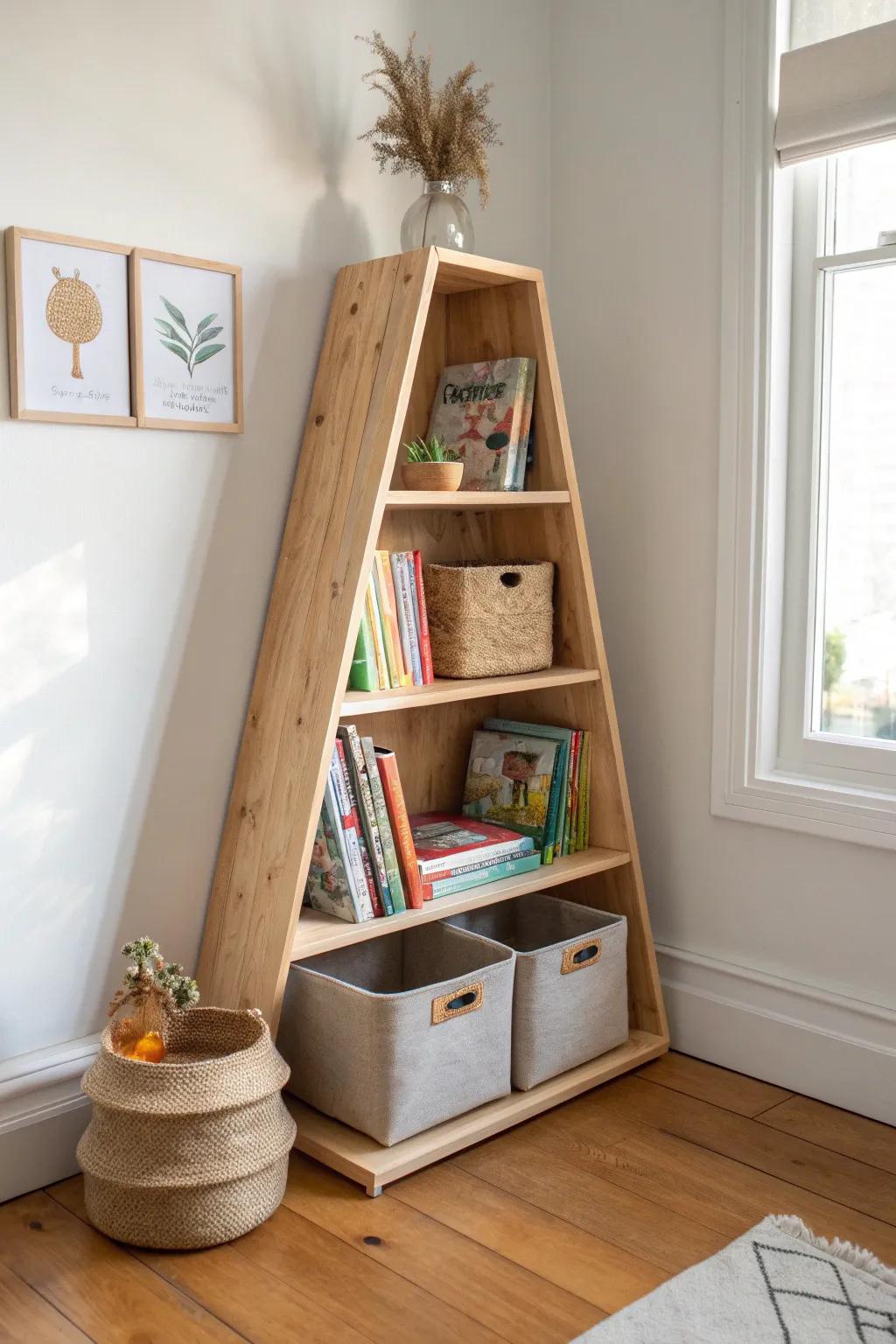 Turn that unused corner into a beautiful, space-saving bookshelf for kids’ favorites.