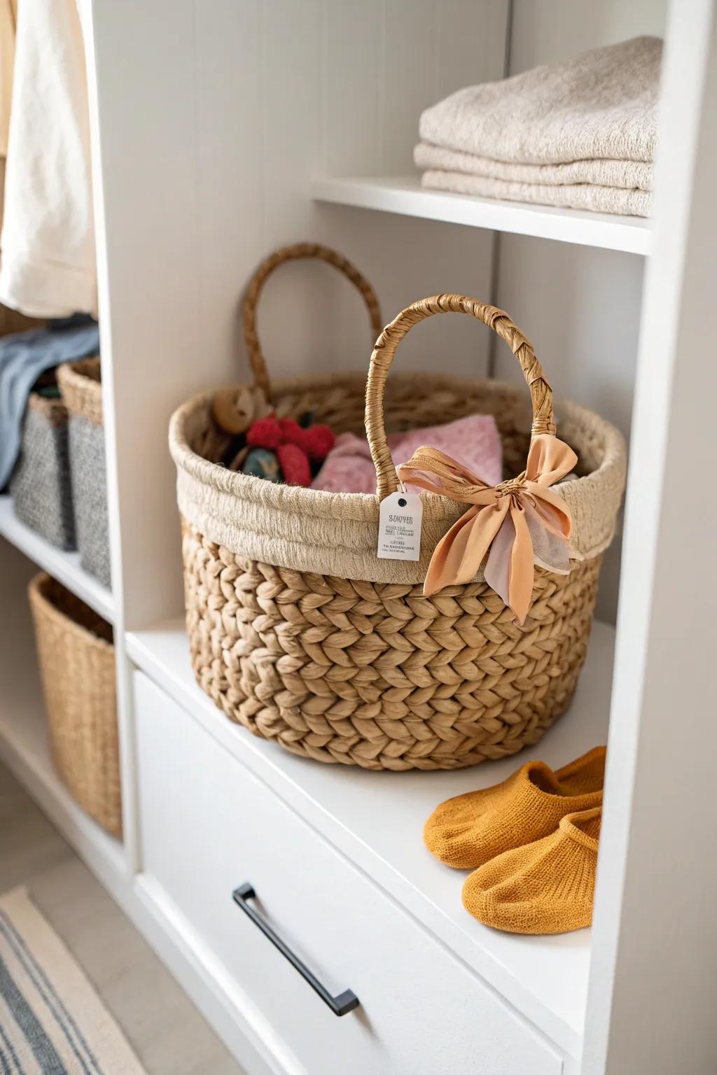 A woven basket keeps kids accessories tidy—minimal, calm, and with a bold pop of color.