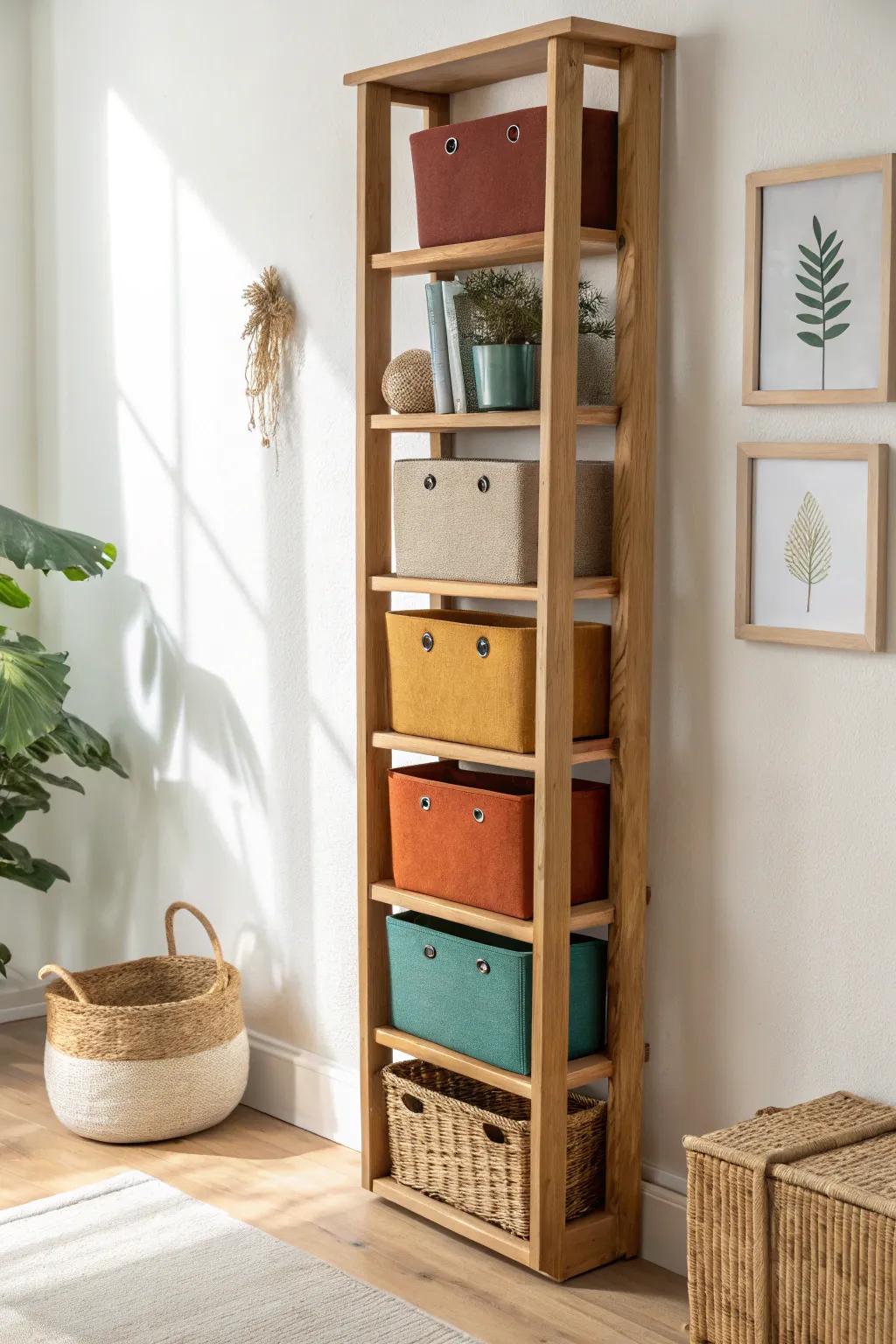 Go vertical: a slim wall shelf keeps the floor clear while storing favorites in style.