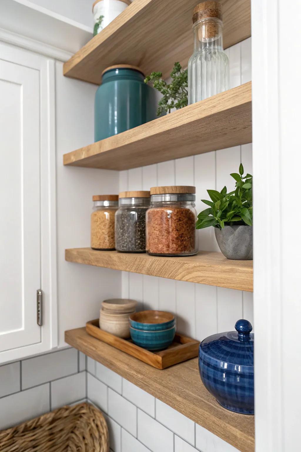 Narrow, shallow shelves keep everything in one row—no more pantry items lost in back.