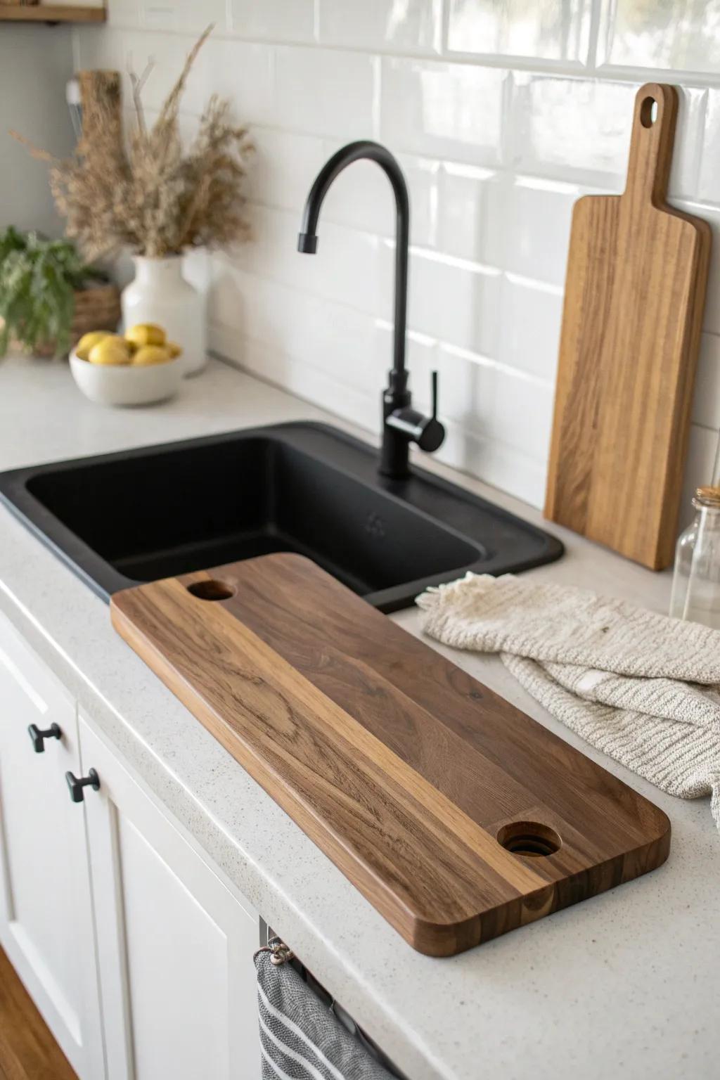 Slide-on sink board: instant prep space that keeps tiny counters open and clutter-free.