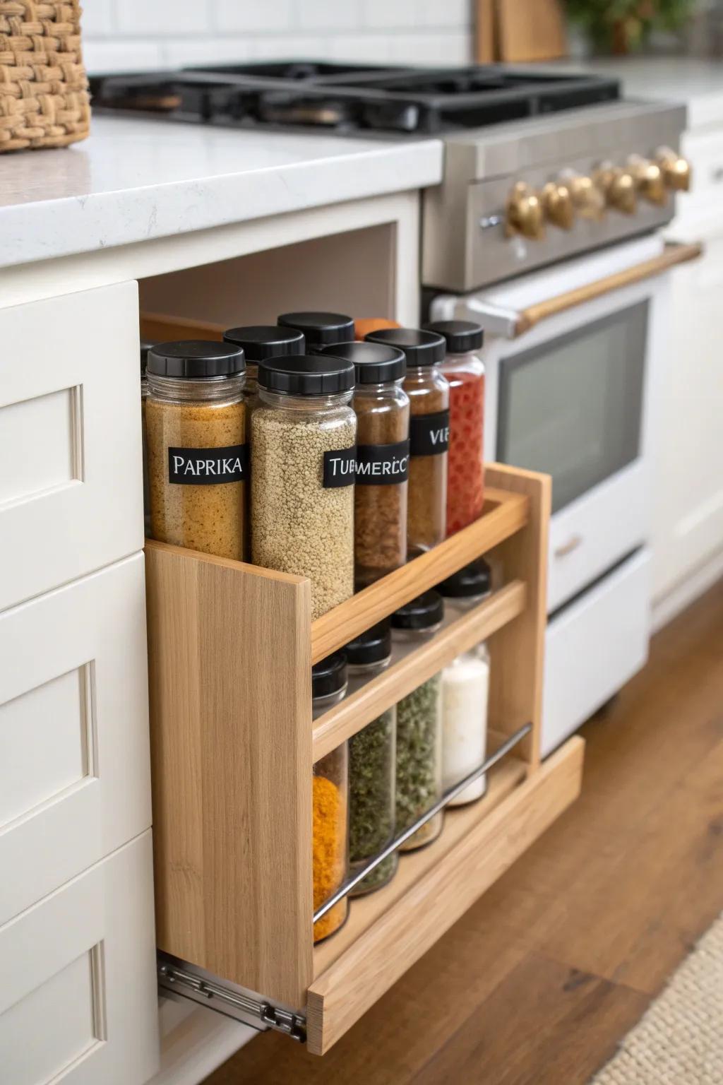 A slim slide-out spice rack turns a tiny stove-side gap into a chic, easy-to-grab pantry.