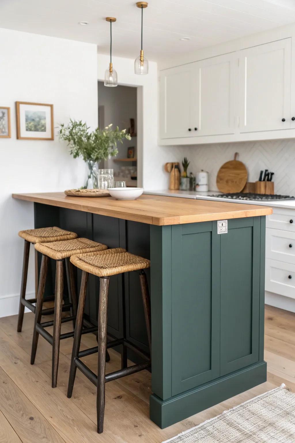 Small-space favorite: a breakfast-bar overhang with stools that tuck away for a clean look.