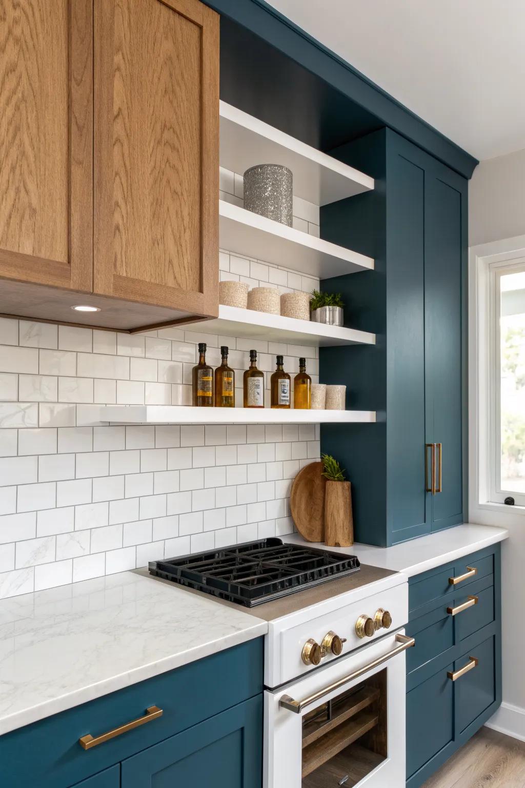 Turn hood boxing into a flush niche shelf—oils and a tiny timer stored beautifully in small kitchens.