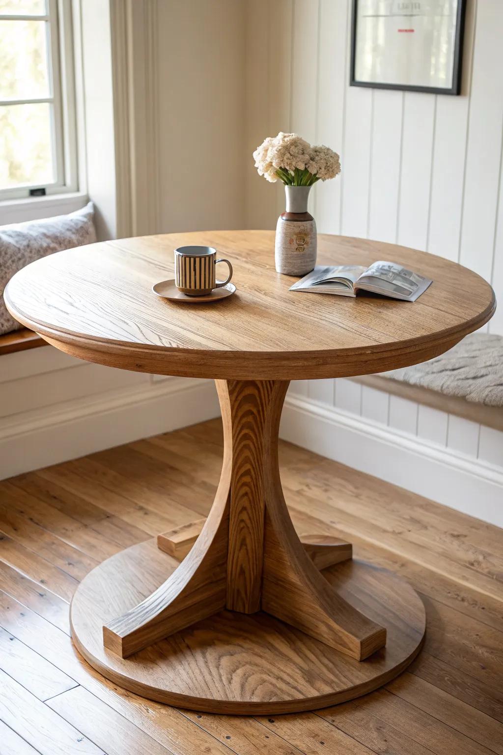 Round pedestal table = easy slide-in seating and zero knee bumps in a small breakfast nook.