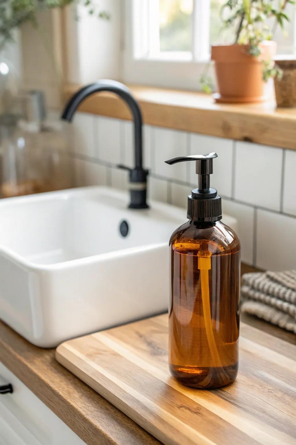 Decant dish soap into a matching refillable dispenser for an instantly cleaner, calmer sink.