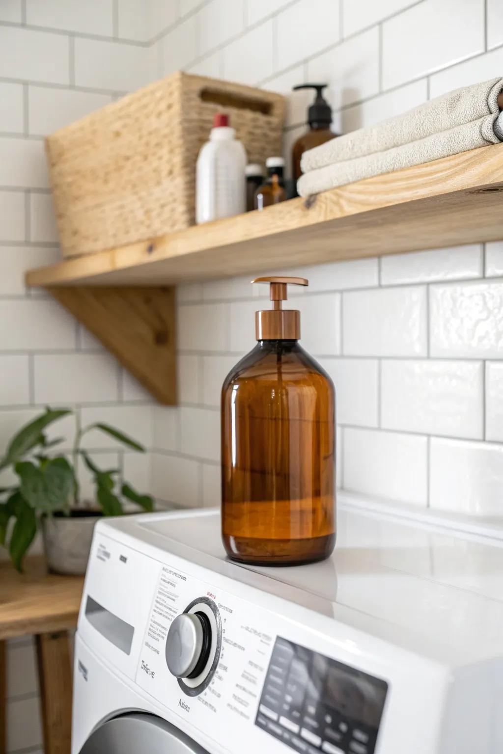 Add a slim shelf above the washer—detergent stays pretty and handy while freeing floor space.