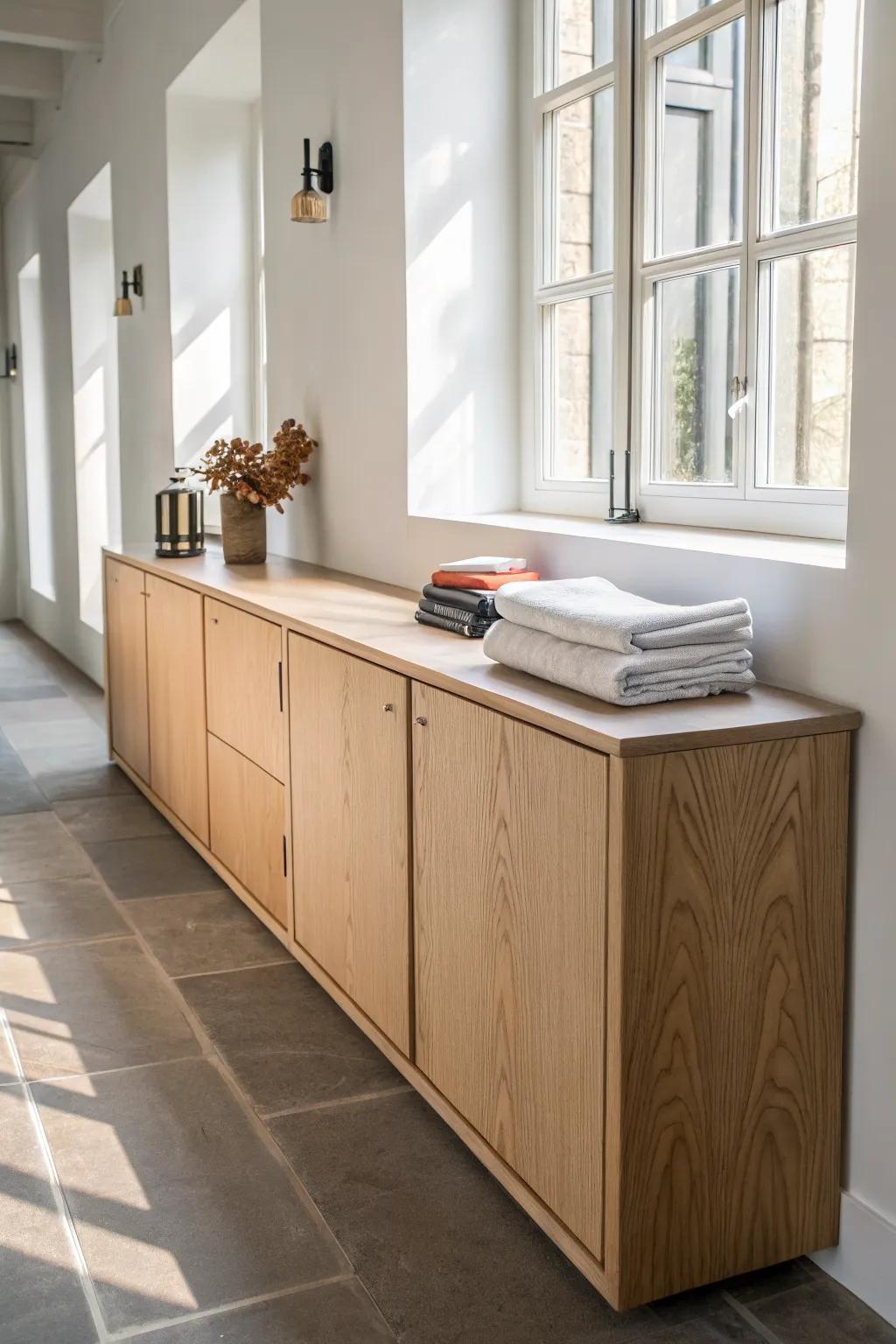 Turn a tight hallway into a luxe laundry folding run with a slim, wall-mounted counter.
