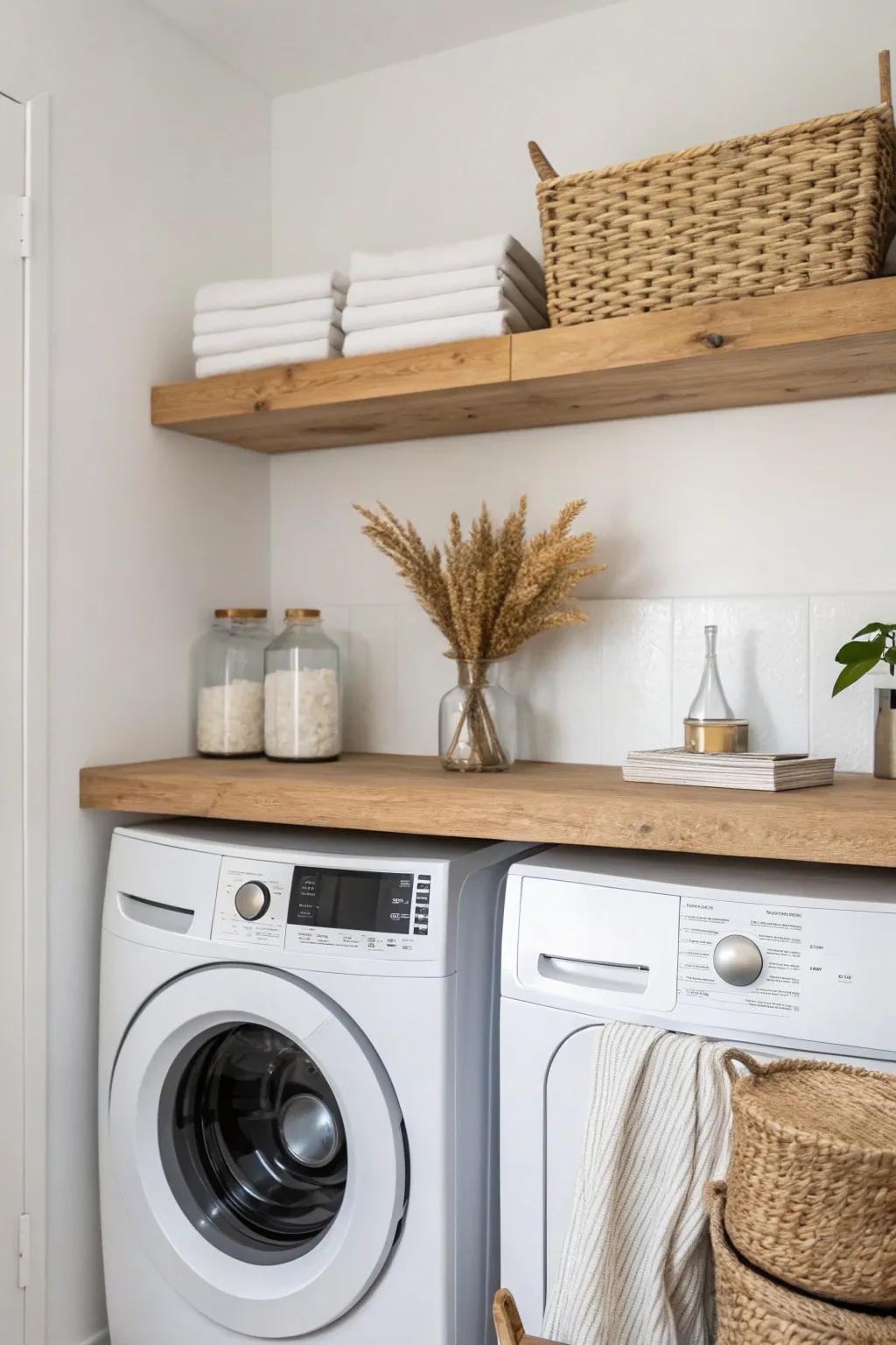 Open oak shelves above the laundry nook keep detergents tidy and the kitchen corner styled.