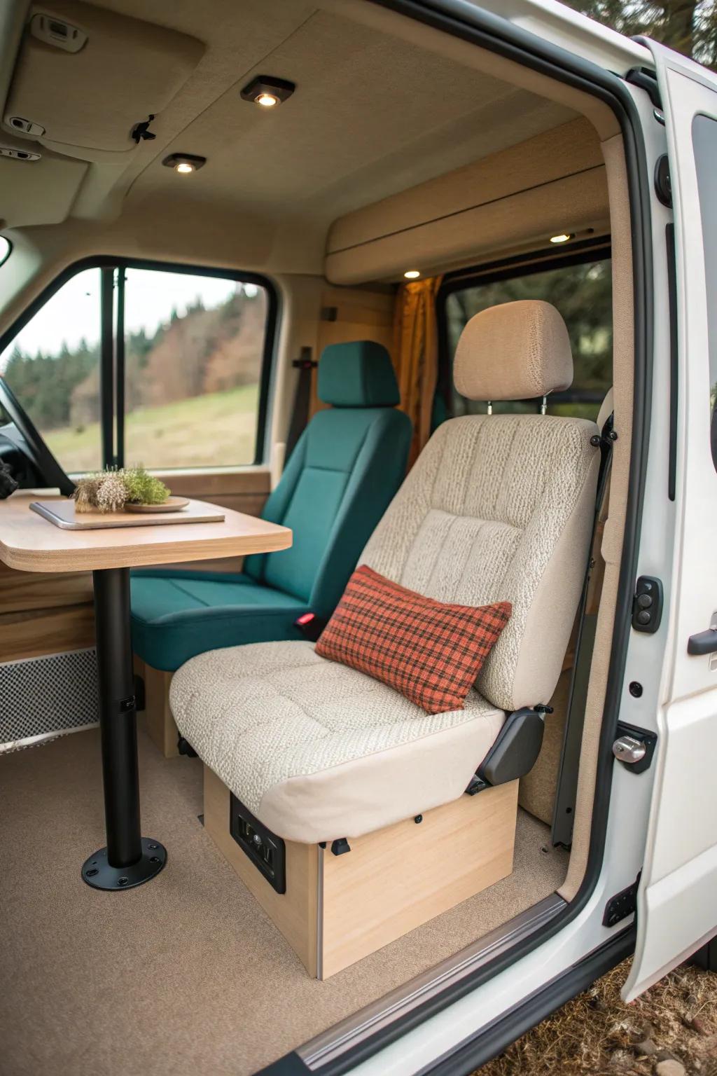 Swivel cab seats instantly turn the front row into a cozy mini living room—no remodel needed.