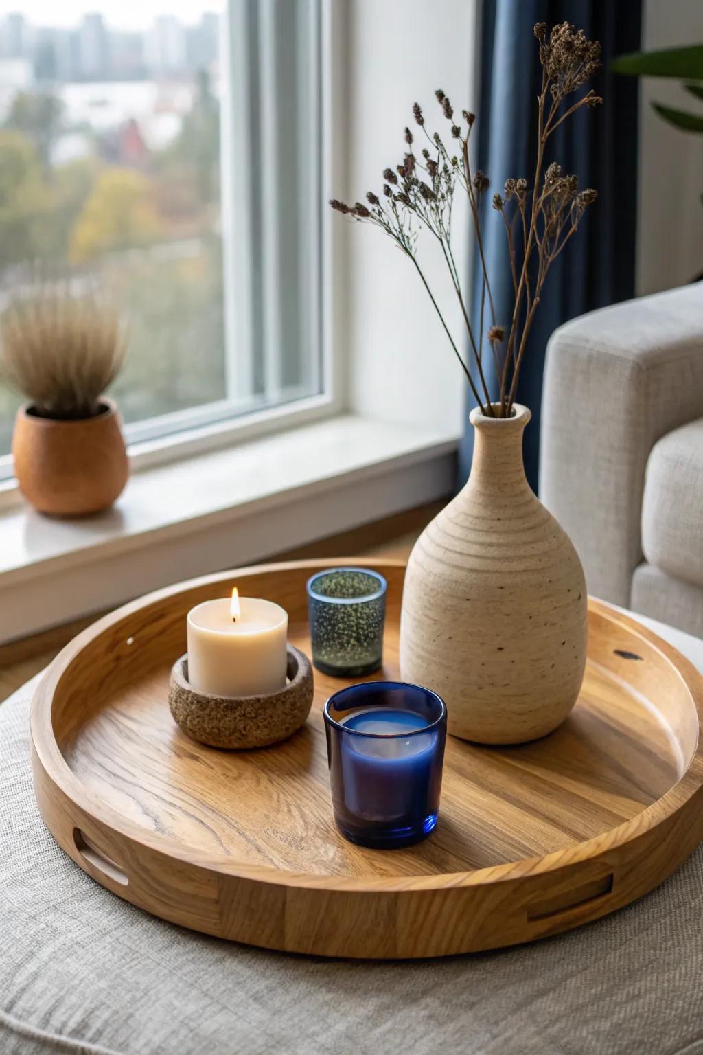 A calm, curated coffee table spin—coasters, candle, and one accent on a chic lazy susan.