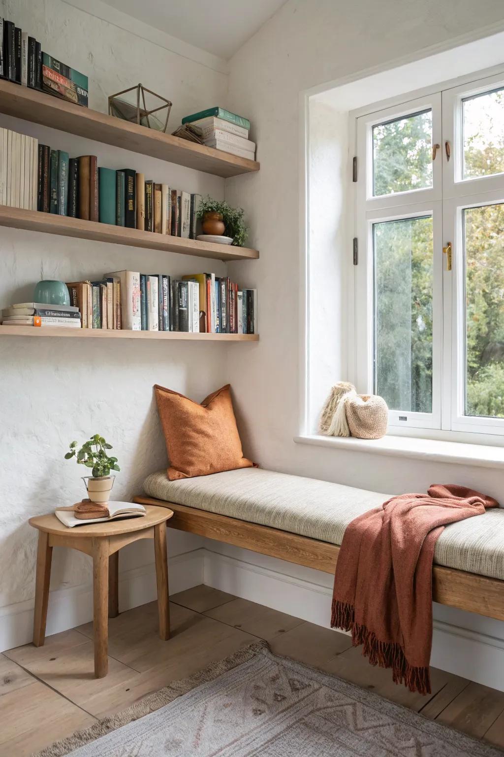 Turn a tiny wall recess into a chic library nook with a slim bench and airy floating shelves.