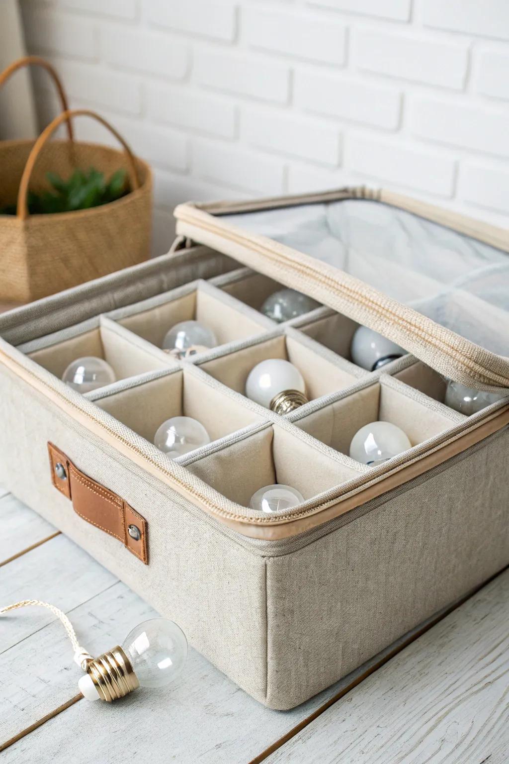 Ornament organizer compartments keep light bulbs secure—perfect for small closets.