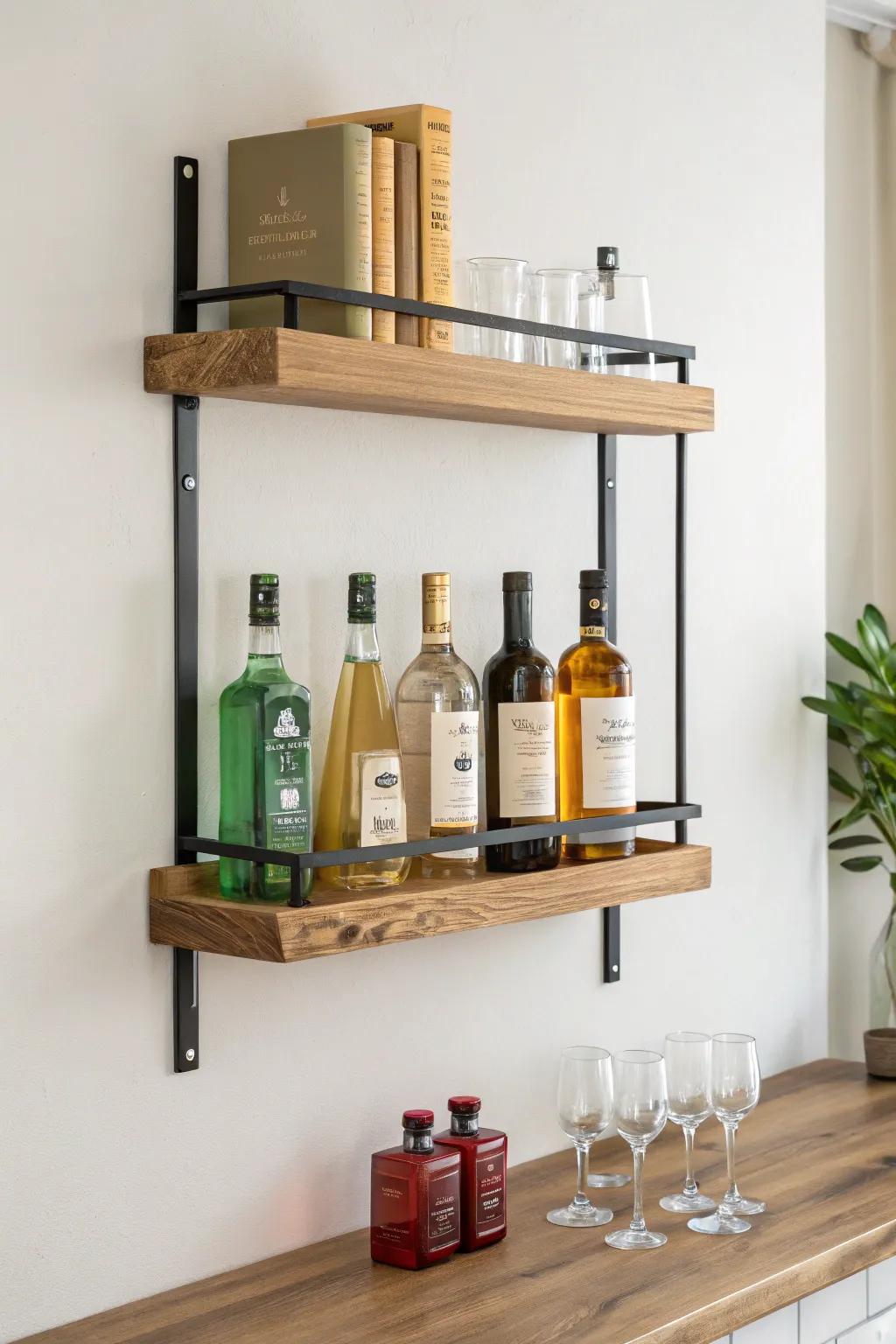 Vertical two-tier bar shelf: display bottles up top, everyday pours below—perfect for small spaces.