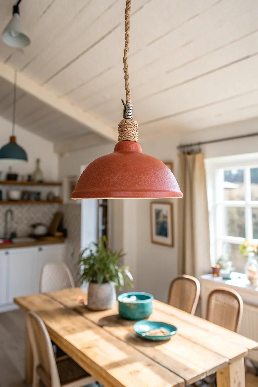 A centered pendant light defines the dining zone—no walls needed in a small space.