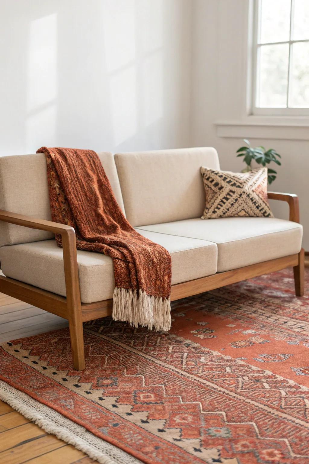 Float your sofa off the wall and anchor it with a rug for an instant condo “zone.”