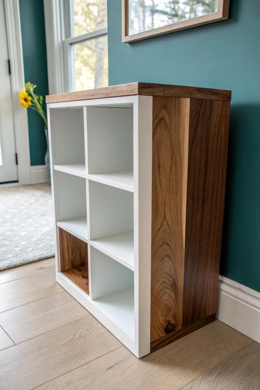 Cube shelf, elevated: a stained wood plank topper adds built-in style and a scratch-safe surface.
