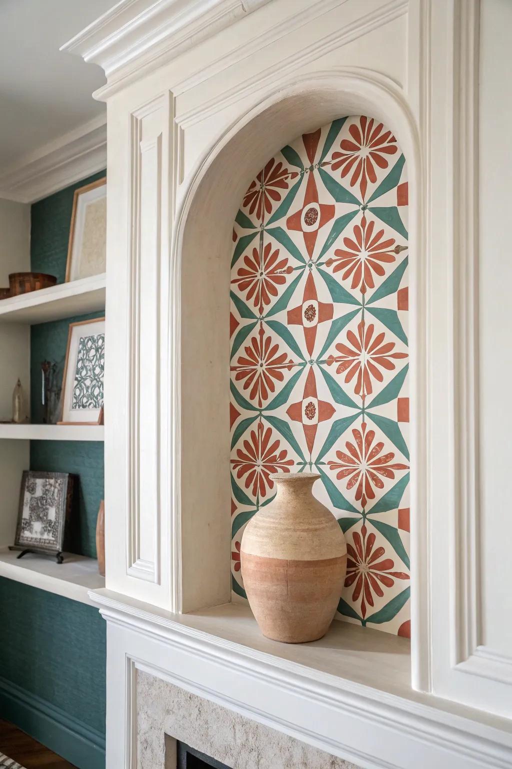 A bold removable wallpaper lining turns a simple living room niche into a custom focal point.