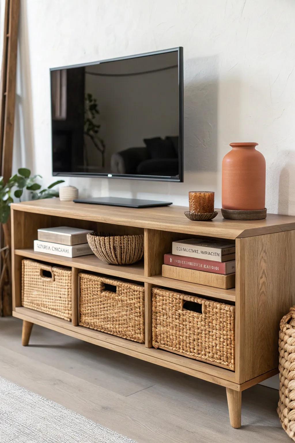 Let your TV console do the heavy lifting—lidded boxes hide tech clutter in chic, calm zones.