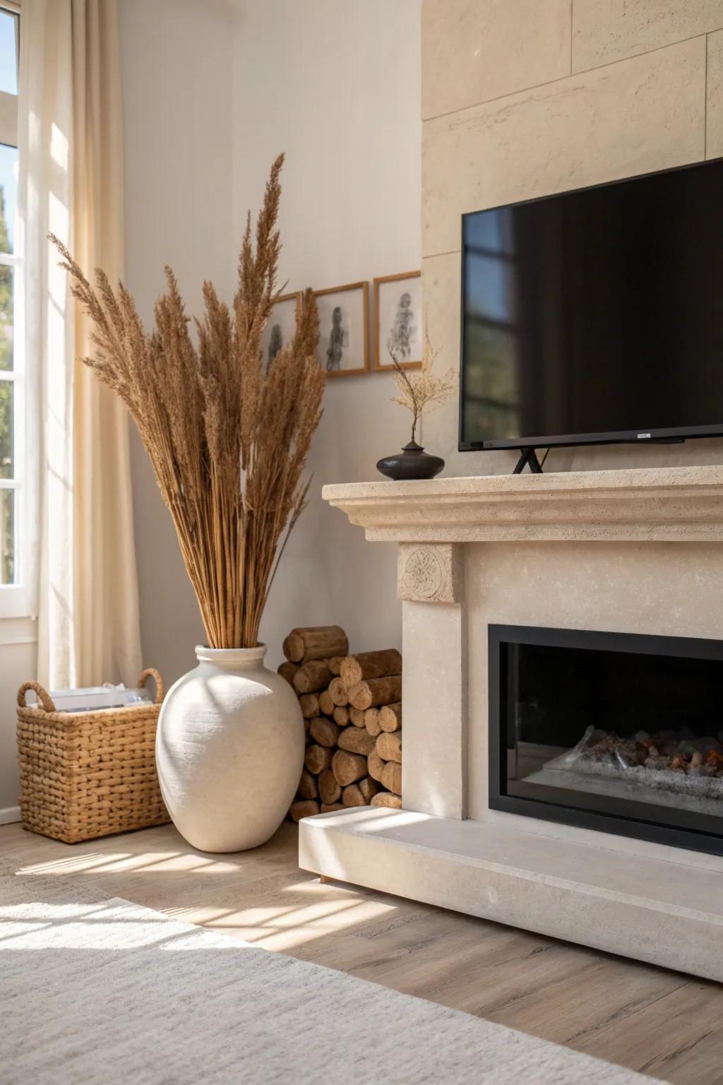 A single low-profile vase keeps the mantel calm, letting the TV over the fireplace feel balanced.