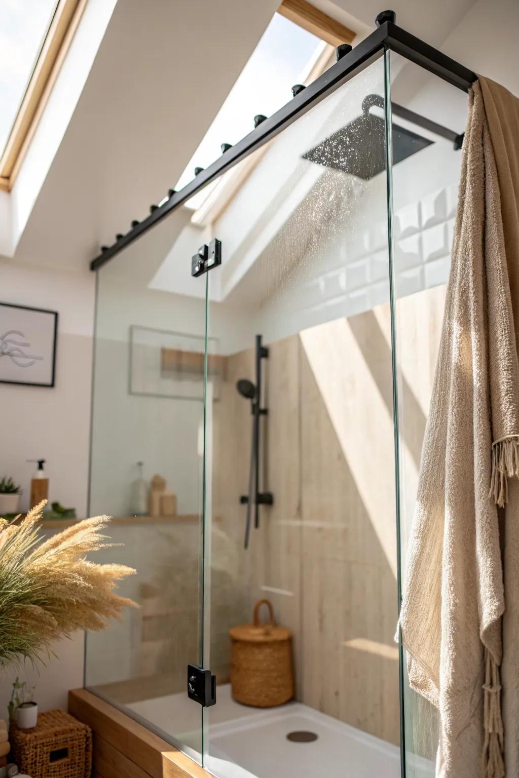 Frameless glass shower screen keeps your loft bath airy, bright, and beautifully open.