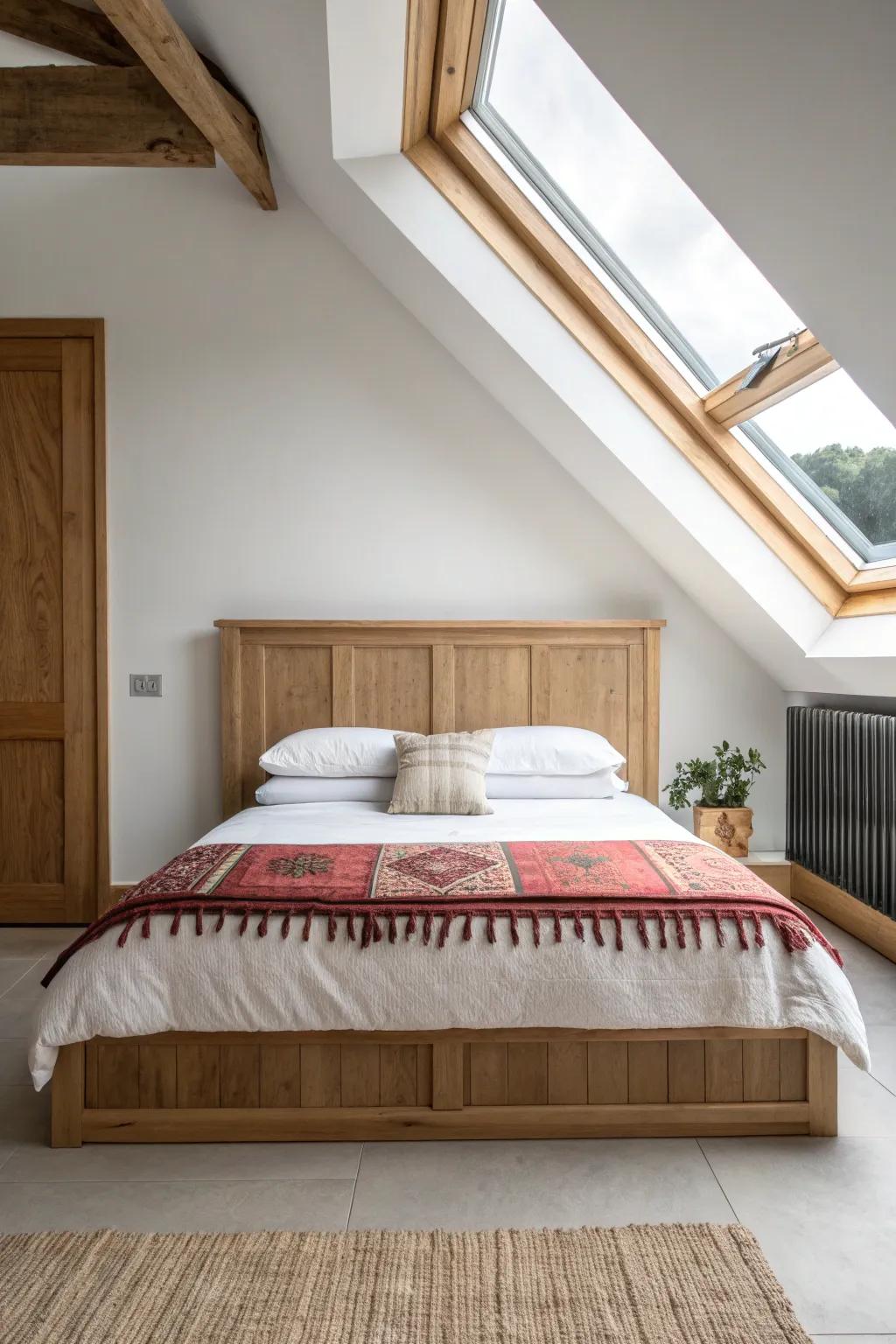Turn your skylight into a headboard moment—bright, cozy loft sleep zone with bold contrast.
