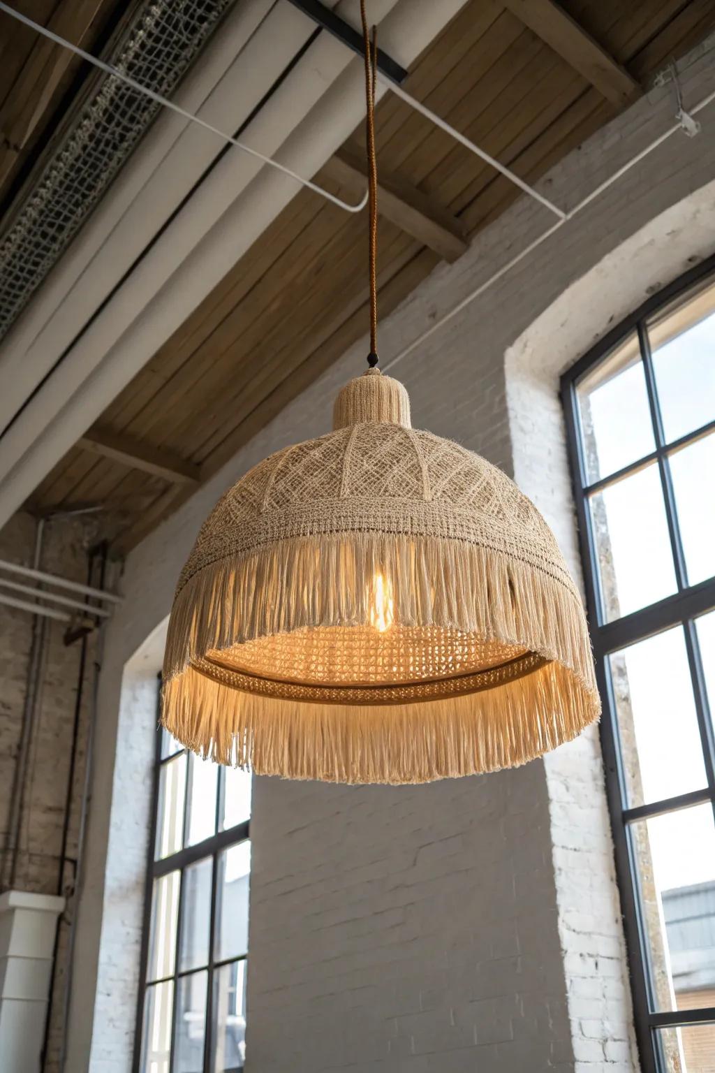 One oversized pendant turns tall loft ceilings into a cozy, high-impact design moment.
