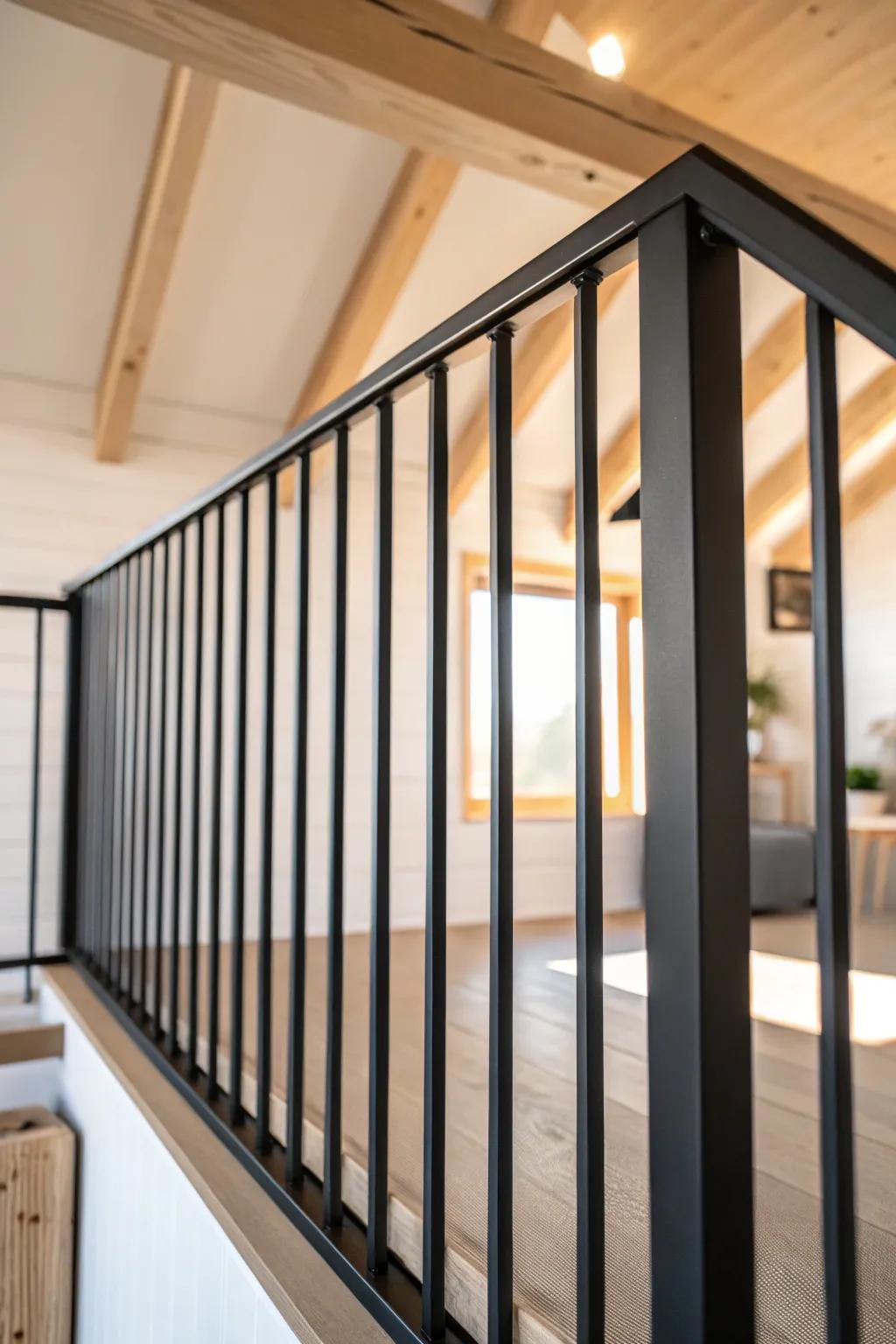 Slim black-slat loft railing keeps tiny-house sightlines open and lets sunshine pour through.