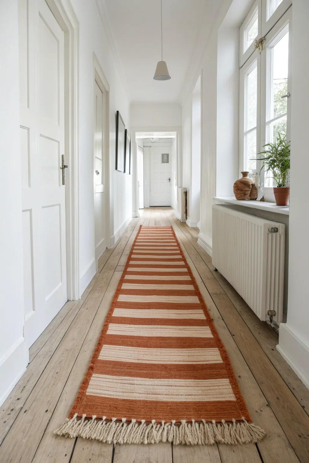 Bold crosswise stripes on a handwoven runner make even a narrow hallway feel wider instantly.
