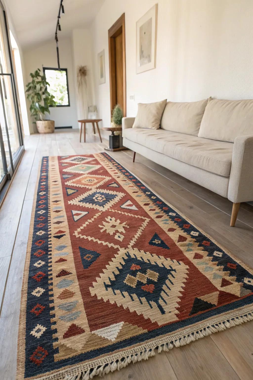 One oversized rug instantly defines a lounge zone and makes a long, narrow basement feel cohesive.