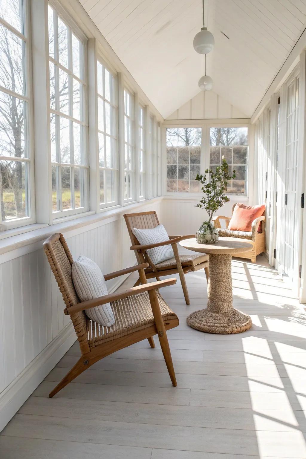 Slim conversation alley: two petite chairs + a tiny table, keeping the walkway wide and airy.