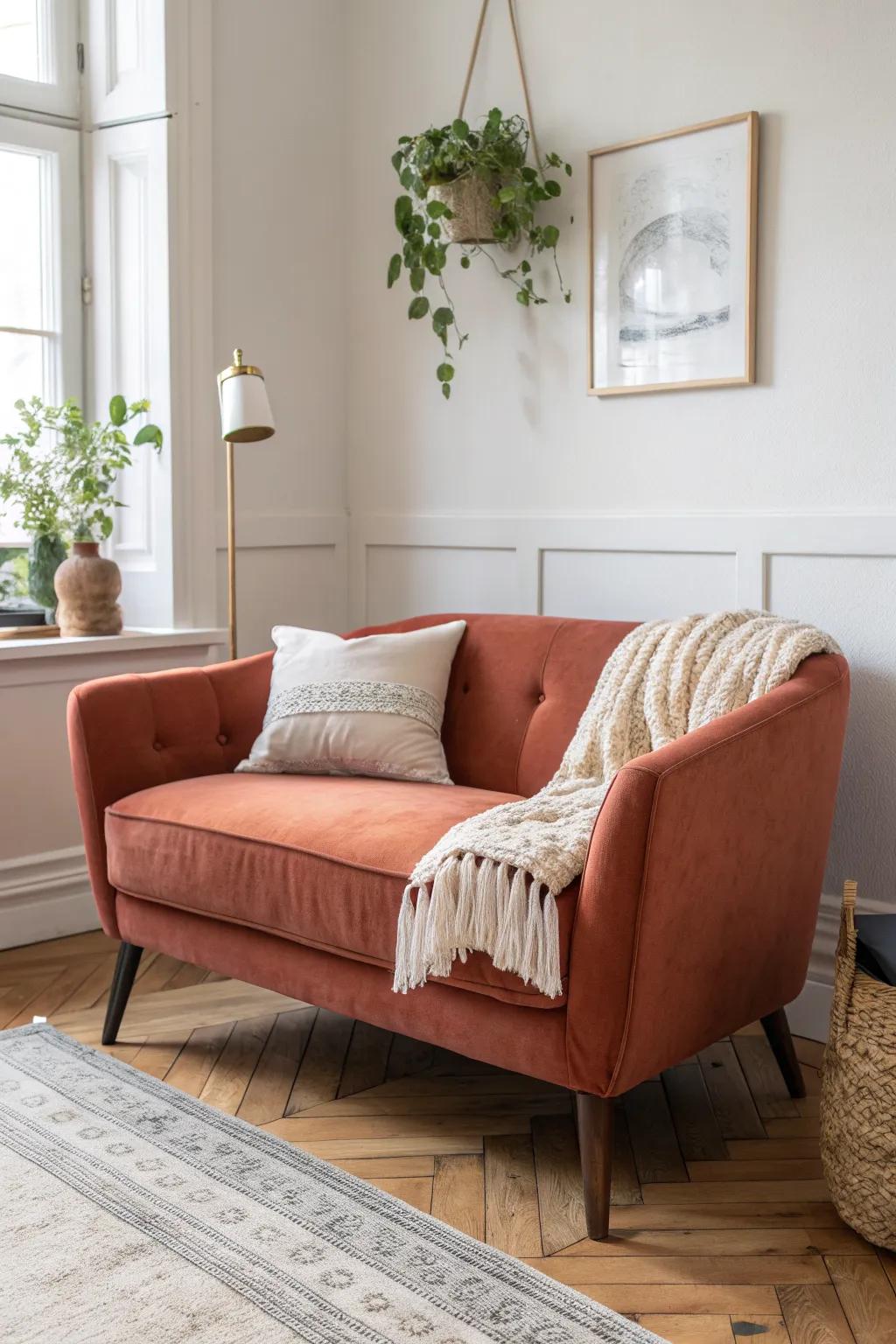 Angle a terracotta loveseat into the corner to soften lines and open the bedroom walkway.