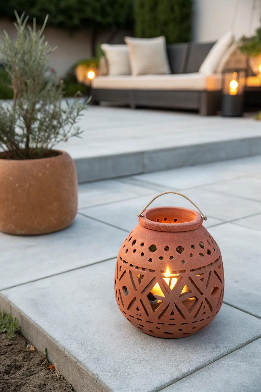 A cozy concrete-pad hangout—softened with warm lantern glow for a no-grass backyard vibe.