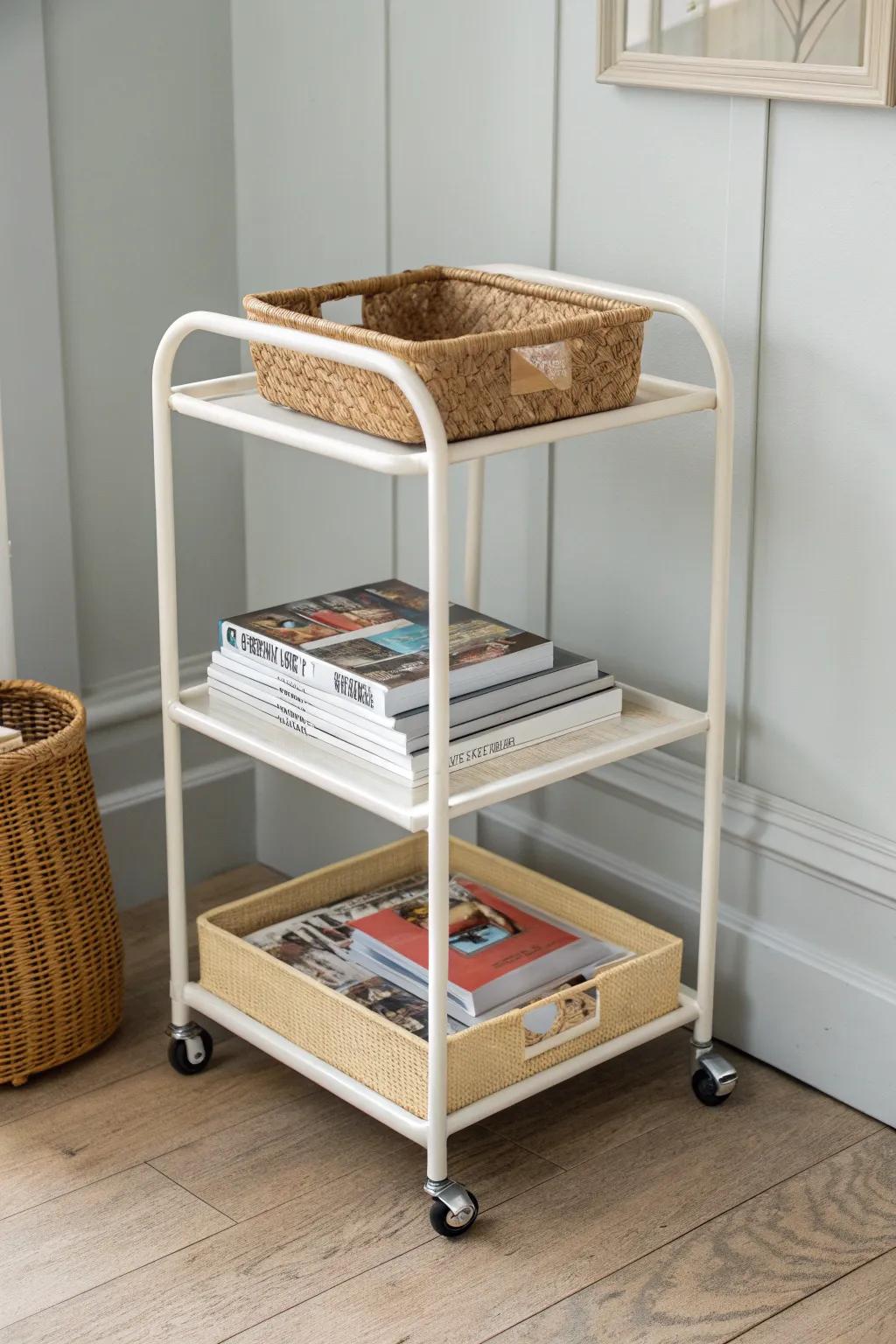 A rolling cart magazine shelf you can glide from couch to bed—stylish, simple, flexible.