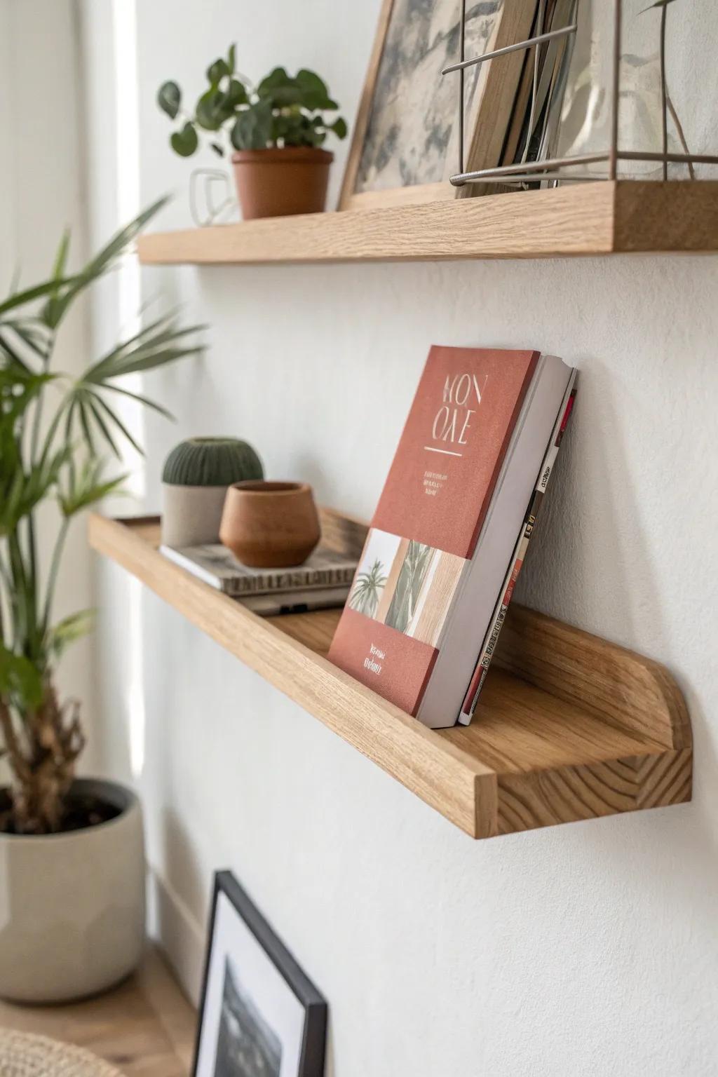 Turn your prettiest issue into wall art—slim floating shelves make magazine storage feel intentional.