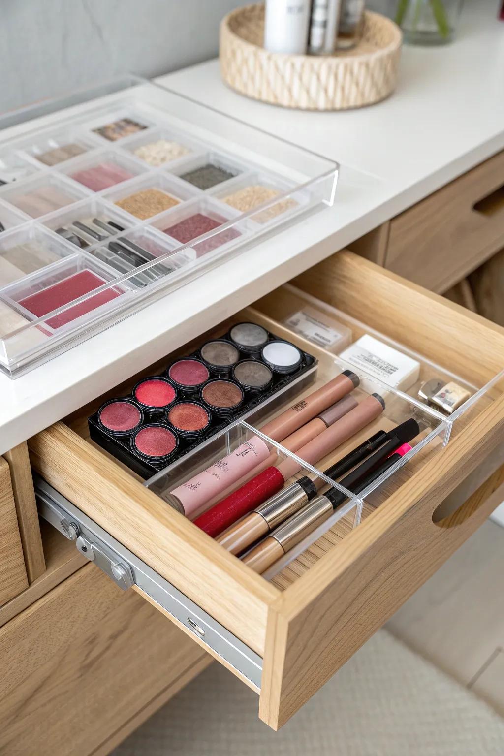 Clear acrylic drawer inserts keep every lipstick visible—no rummaging, just perfect Tetris order.