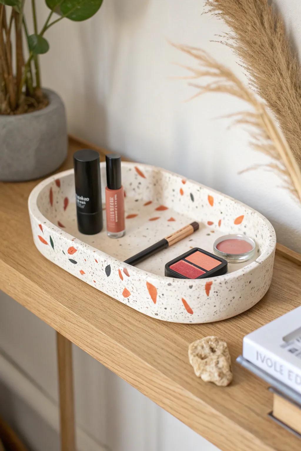 One pretty daily tray keeps your everyday makeup in reach—without crowding a tiny vanity.