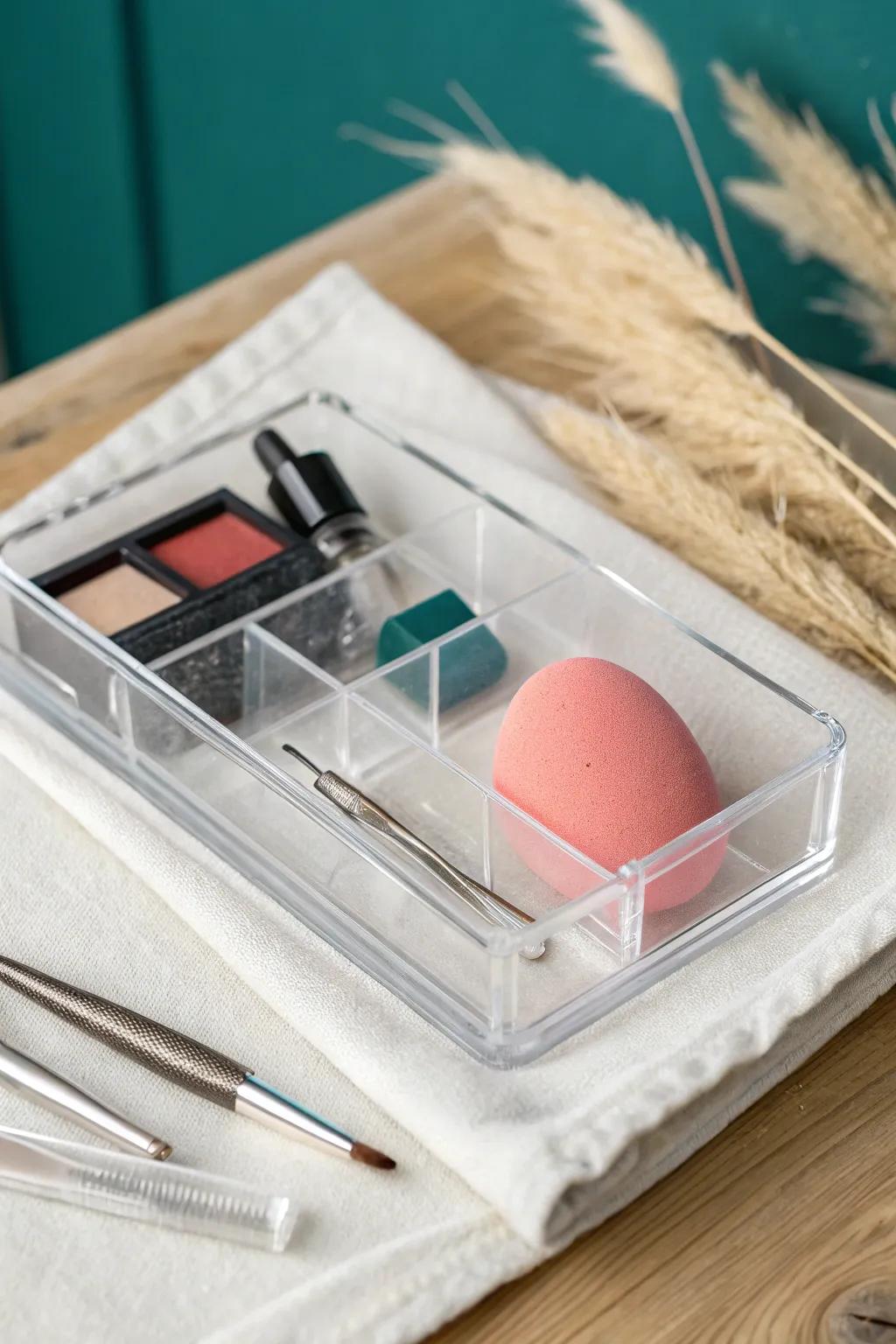 Clear drawer inserts keep sponges, tweezers & sharpeners visible—even in the tiniest vanity.