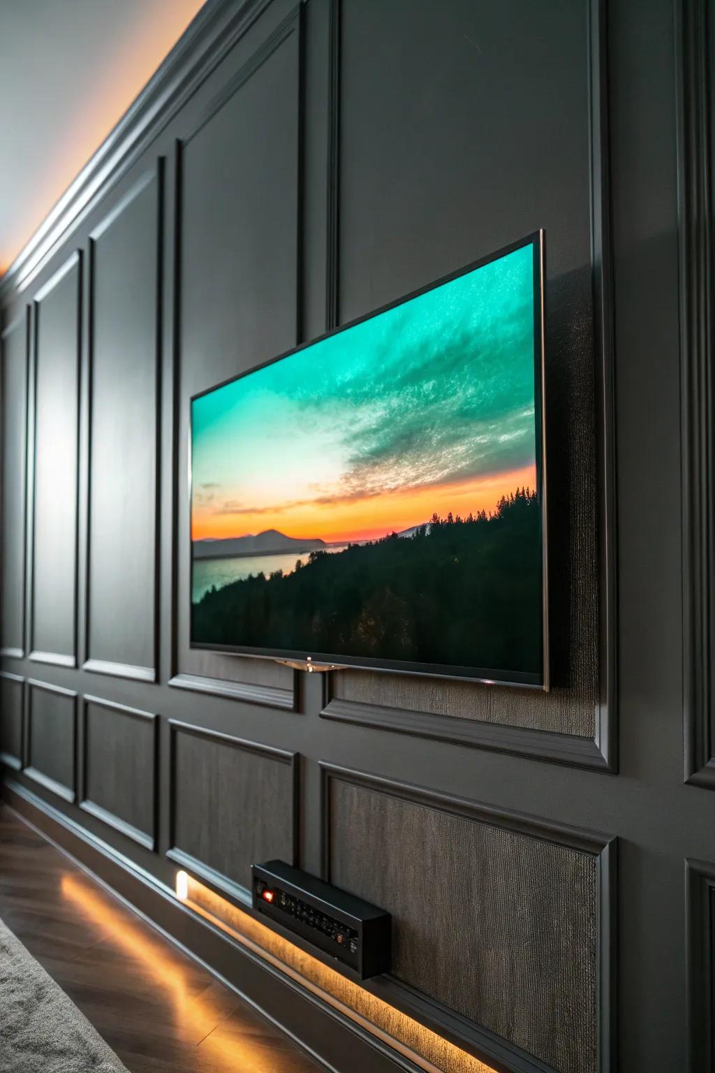 Deep charcoal monochrome walls make a small man cave feel larger—and the screen glow pops.