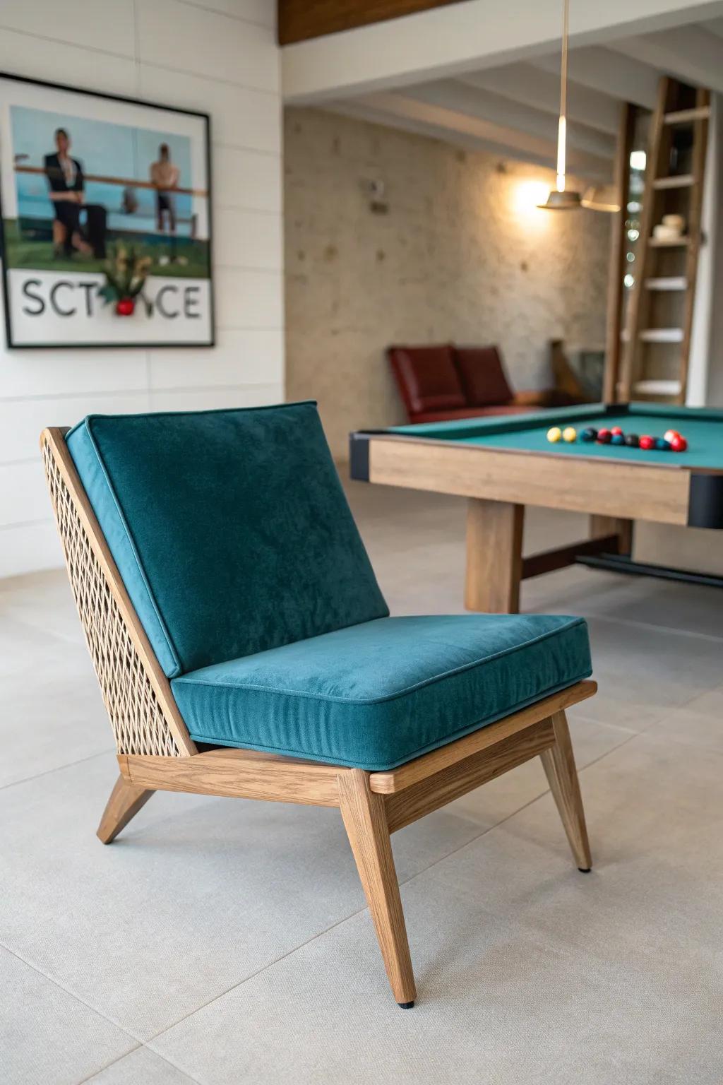 Slim armless chair tucked to the wall—keeps your small pool-table room open and stylish.