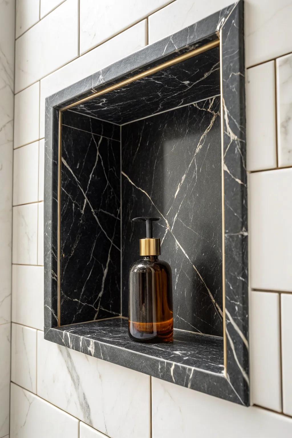 Dark marble niche + light tile = instant focal point—high-contrast luxury for tiny bathrooms.