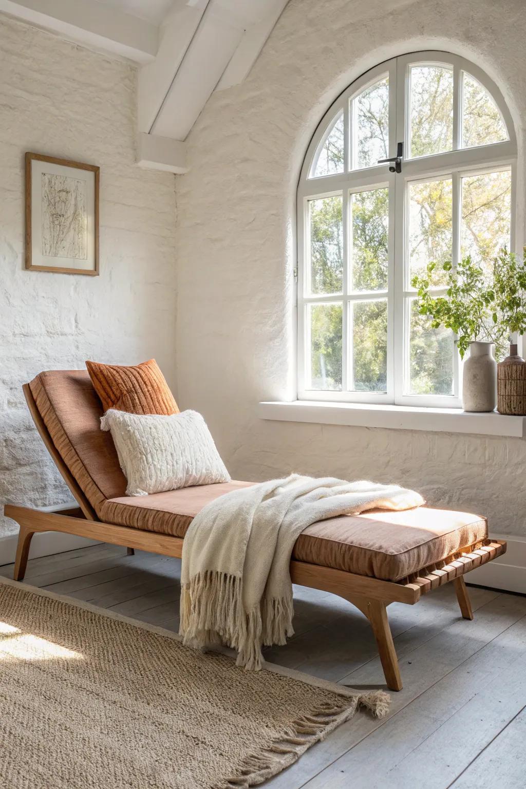 A terracotta chaise lounge turns your master bedroom nook into a luxe “one more chapter” retreat.