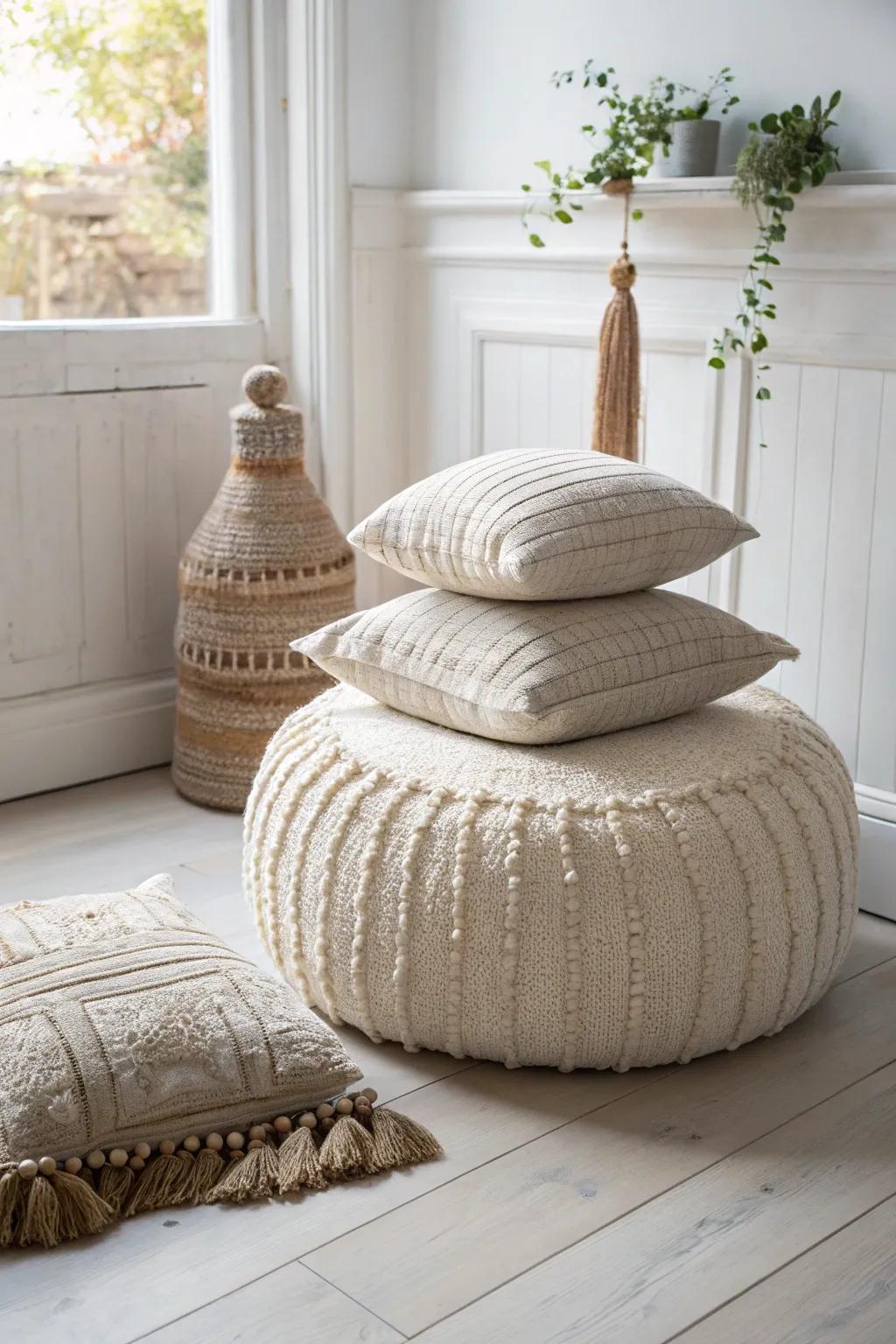 A cozy pillow-pile floor lounge: supportive pouf + cushions for a hugged-by-the-room meditate spot.