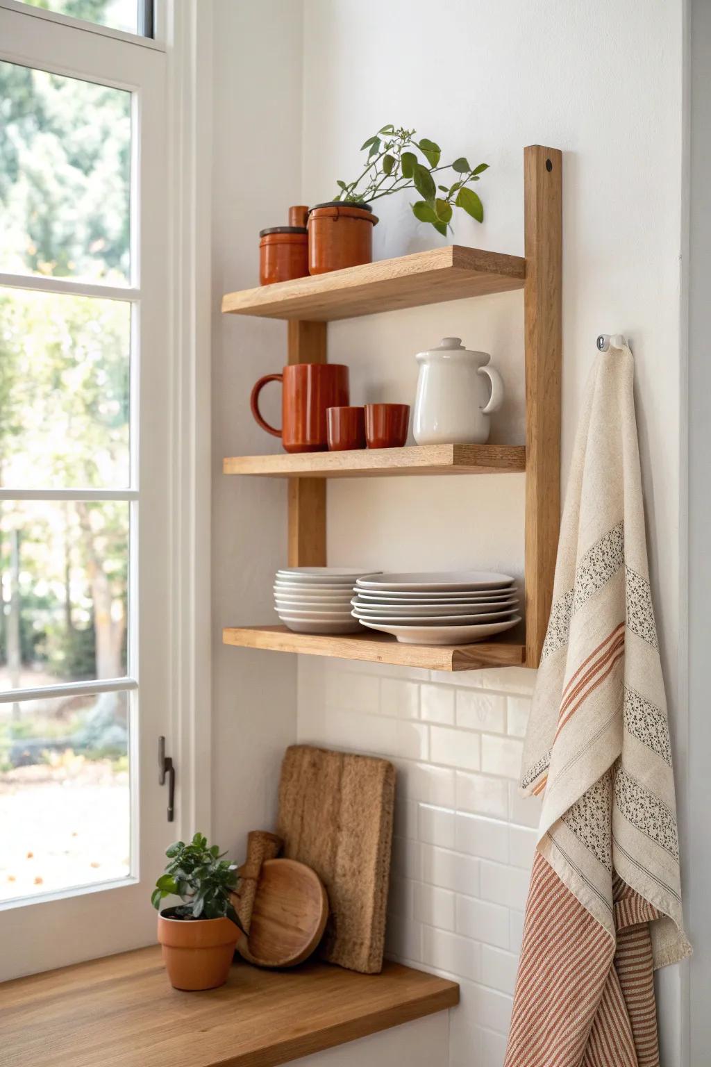 One open shelf zone = lighter micro kitchen—display only the dishes you use on repeat.