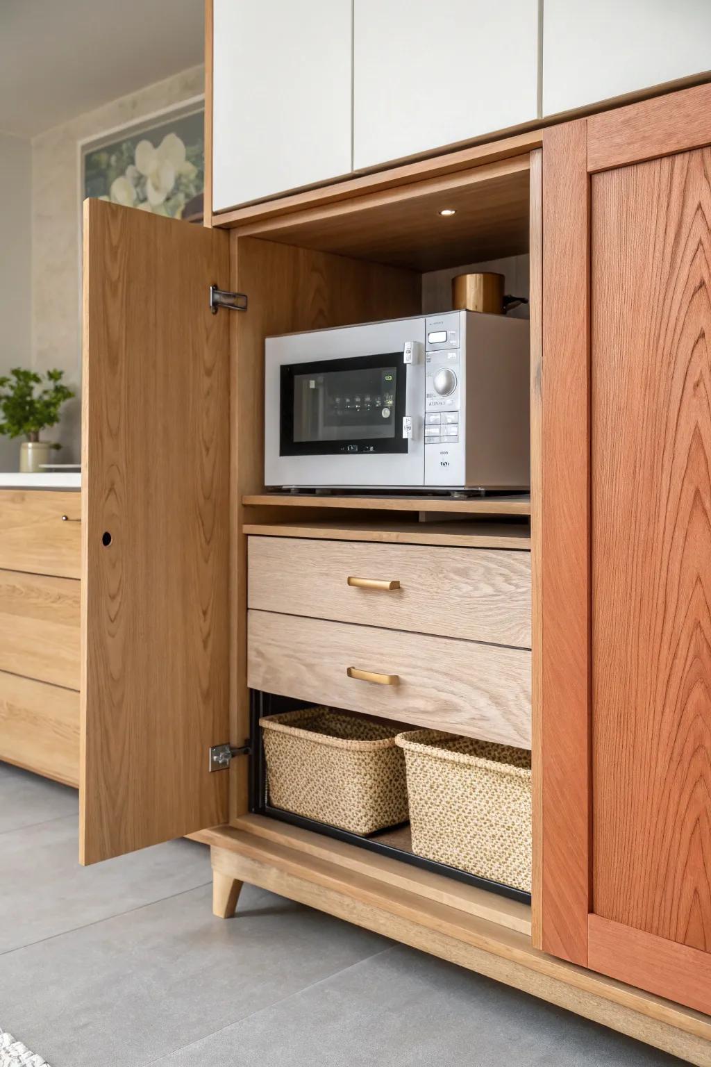 Pocket-door appliance garage: the microwave disappears, your small kitchen feels instantly calmer.